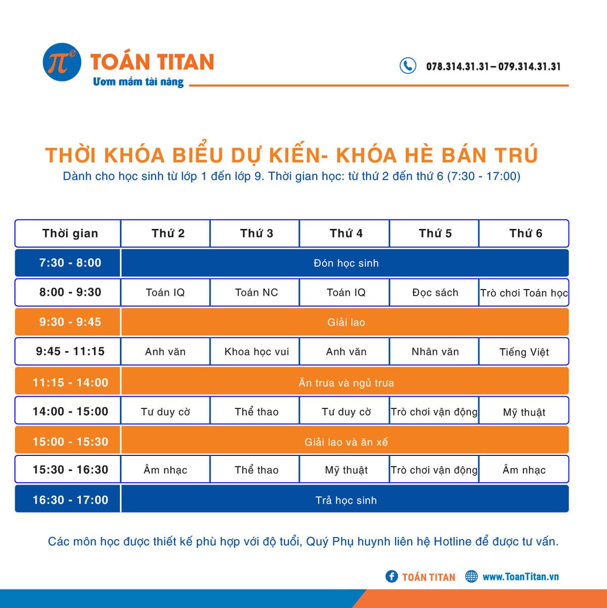 thời khóa biểu dự kiến khóa học hè